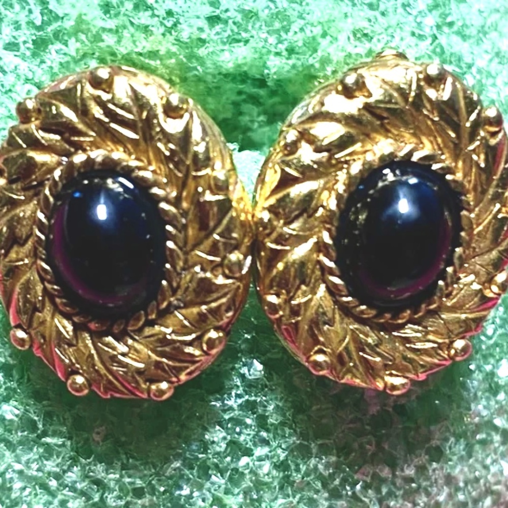 Carolee VTG Goldstone N Black Roped Design Clip On  Earrings